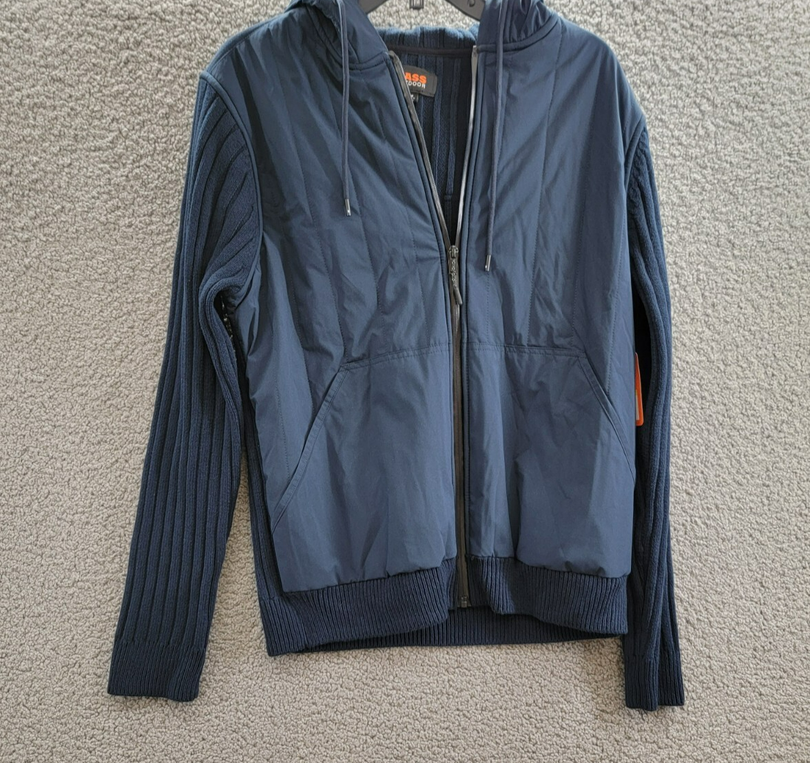 BASS OUTDOOR Mixed Media Zip-Front Hooded Sweater Jacket Men's M Navy Blaze L/S - Picture 2 of 17