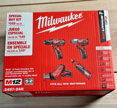 Milwaukee 2497-24H 12V Cordless 4-Tools Combo Kit w/ 2 1.5 Batteries & Charger