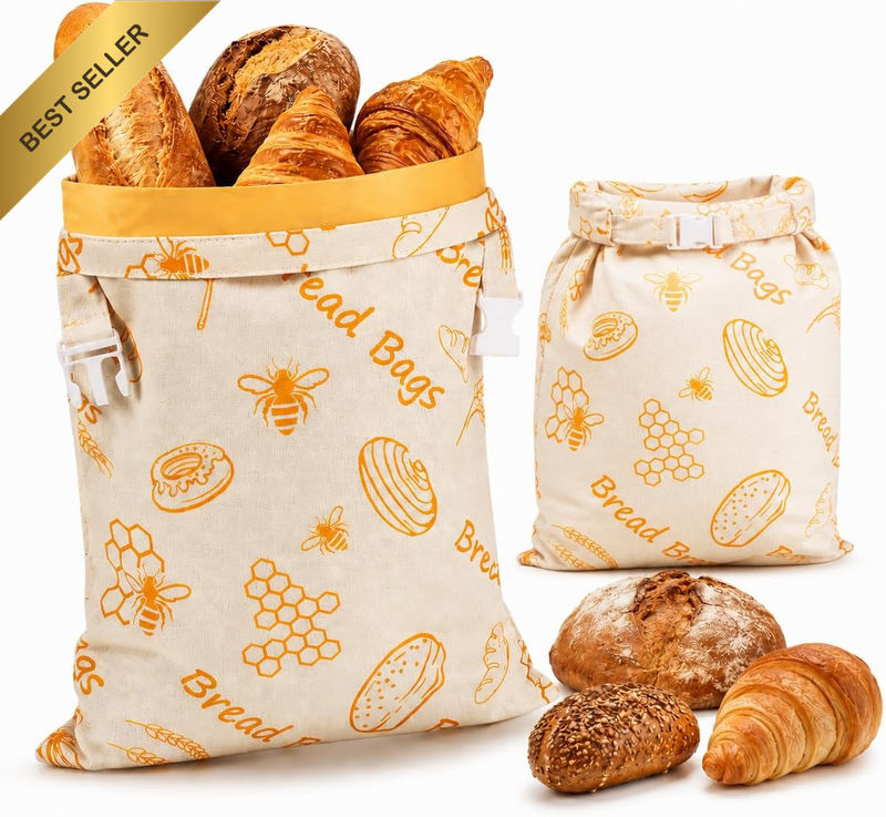 Beeswax Bread Bags for Sourdough, 2Pcs Reusable Organic Linen Bread Storage Bags