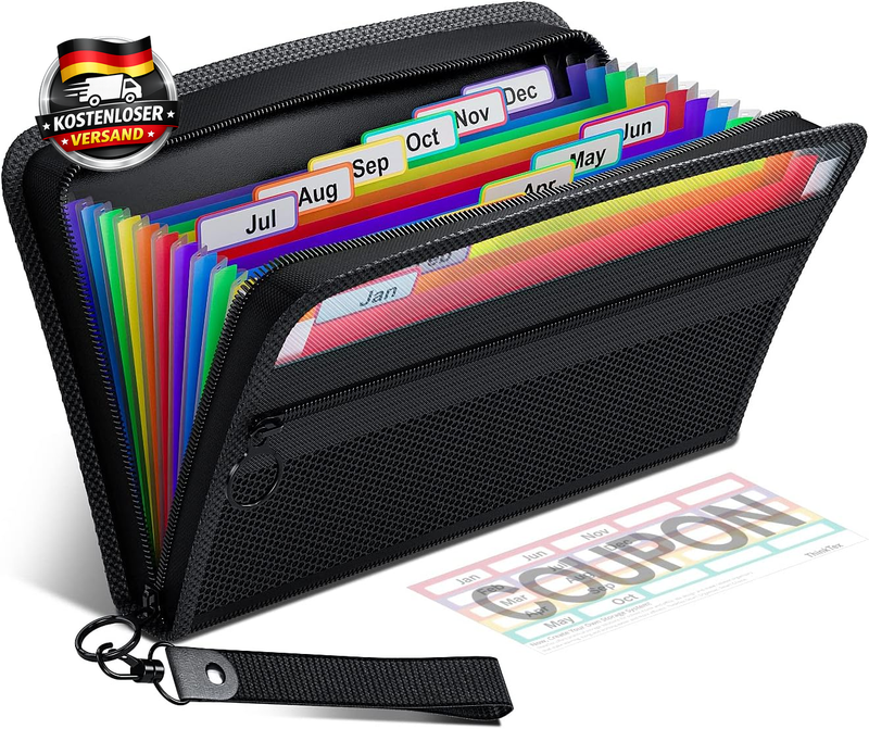 Kleiner Quittungs- und Coupon-Organizer mit 12 Fächern, Reißverschluss, bunt