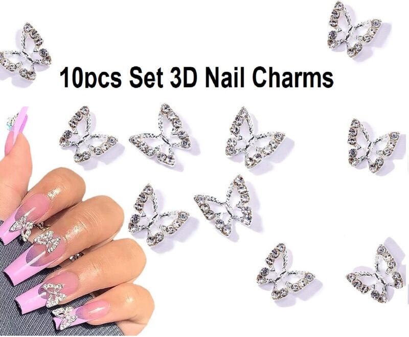 10pcs 3d Alloy Butterfly Nail Charms, Butterfly Nail Gems Nail Rhinestones Shiny