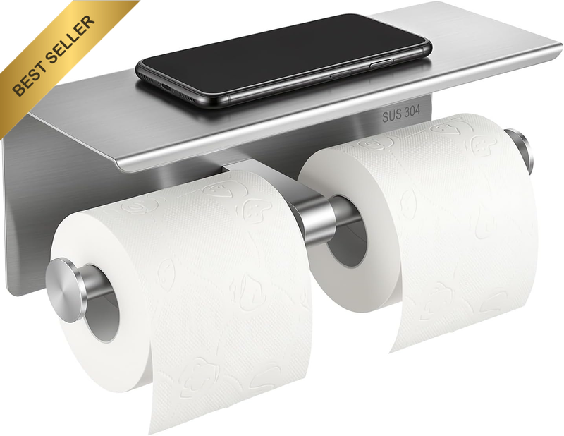 Double Bathroom Toilet Paper Roll Holder with Shelf Wall Mount Tissue Roll Holde