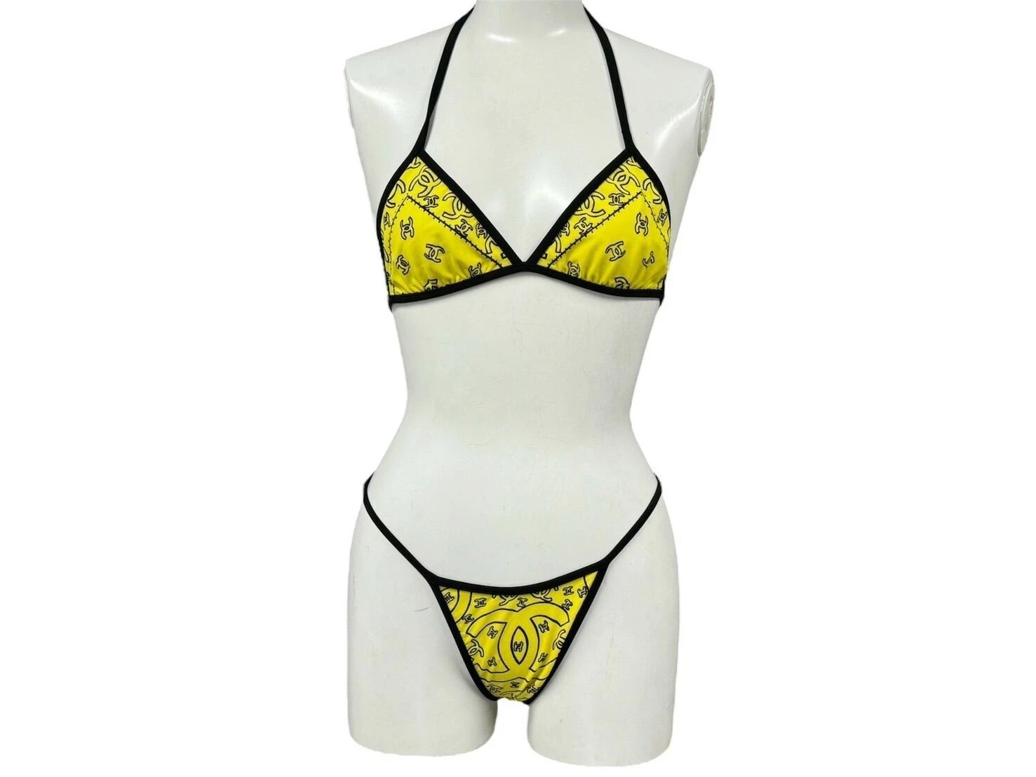 Authentic Chanel Vintage Bikini Swimsuit Yellow Black Size Authentic Chanel Vintage Bikini Swimsuit Yellow Black Size