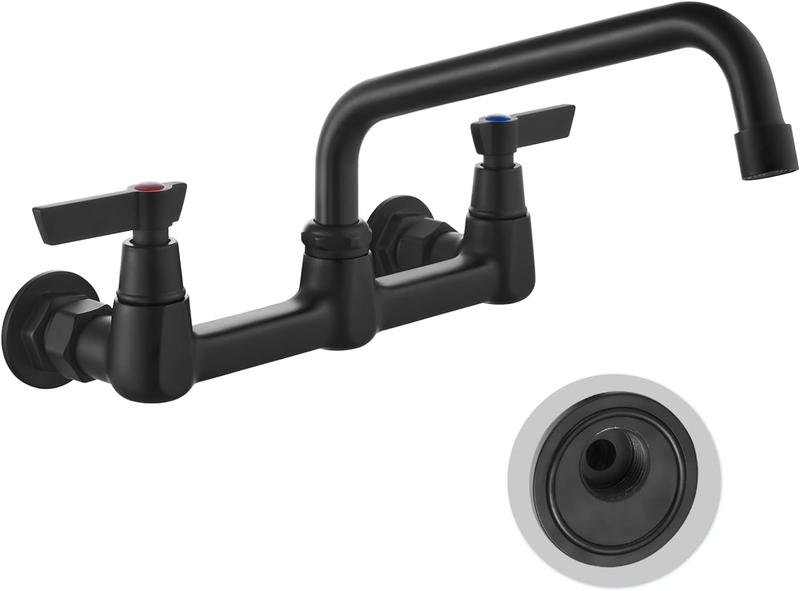 Matte Black Wall Mount Kitchen Faucet 8 Inch Center Adjustable Swing Spout Kitch