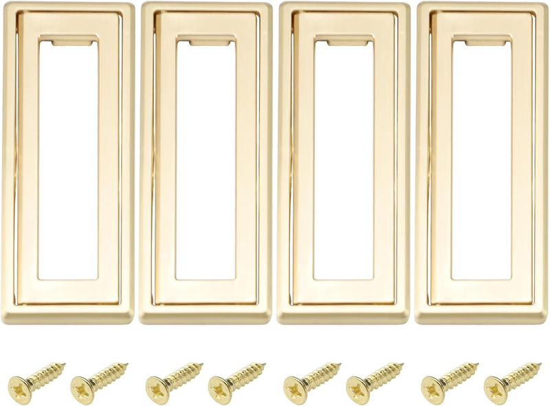 4 Pack 11.4Cm Length Gold Flush Ring Pull Handle with Screw, Square Hidden Reces