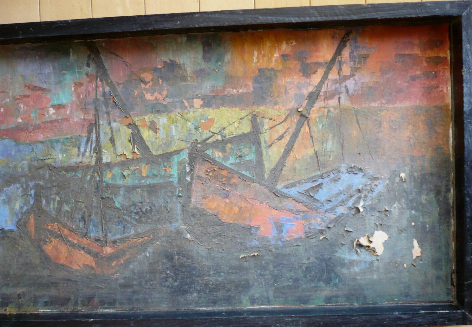 MYSTERY OLD ART - NEEDS RESTORATION, MODERN SEMI ABSTRACTION BOATS COLORFUL OIL