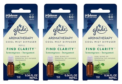 3 PACK Glade Aromatherapy Cool Mist Oil Diffuser Refill, Find Clarity Lemongrass