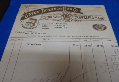 1927 Union Trunk & Bag Co. Richmond Virgnia Invoice & Envelope