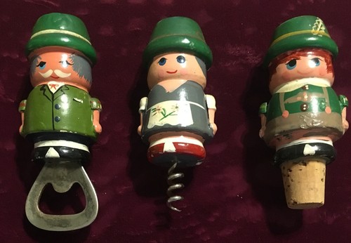 Carved Wooden Figural 3 Pc. Bar Set • Corkscrew, Cork, & Bottle Opener •Germany?