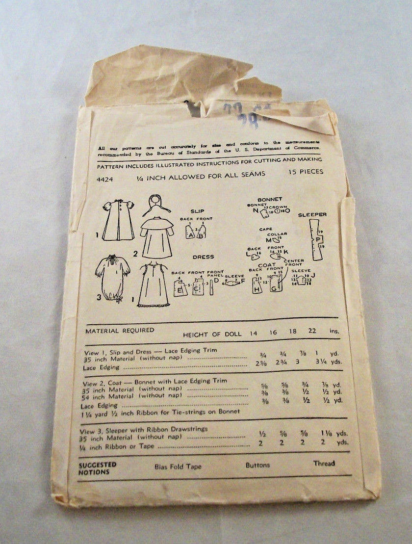 Vintage Advance Pattern~4424~Baby Doll Wardrobe