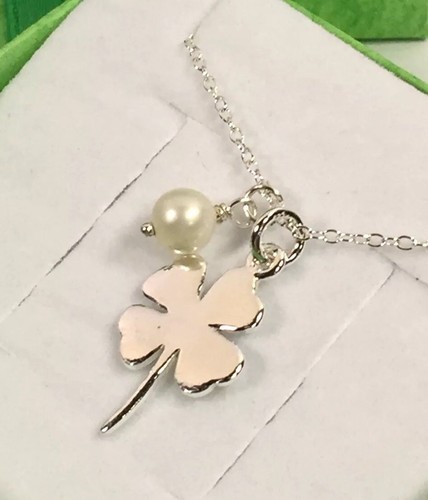 925 Sterling Silver Four Leaf Clover Shamrock Pearl Charm Pendant Necklace 16”