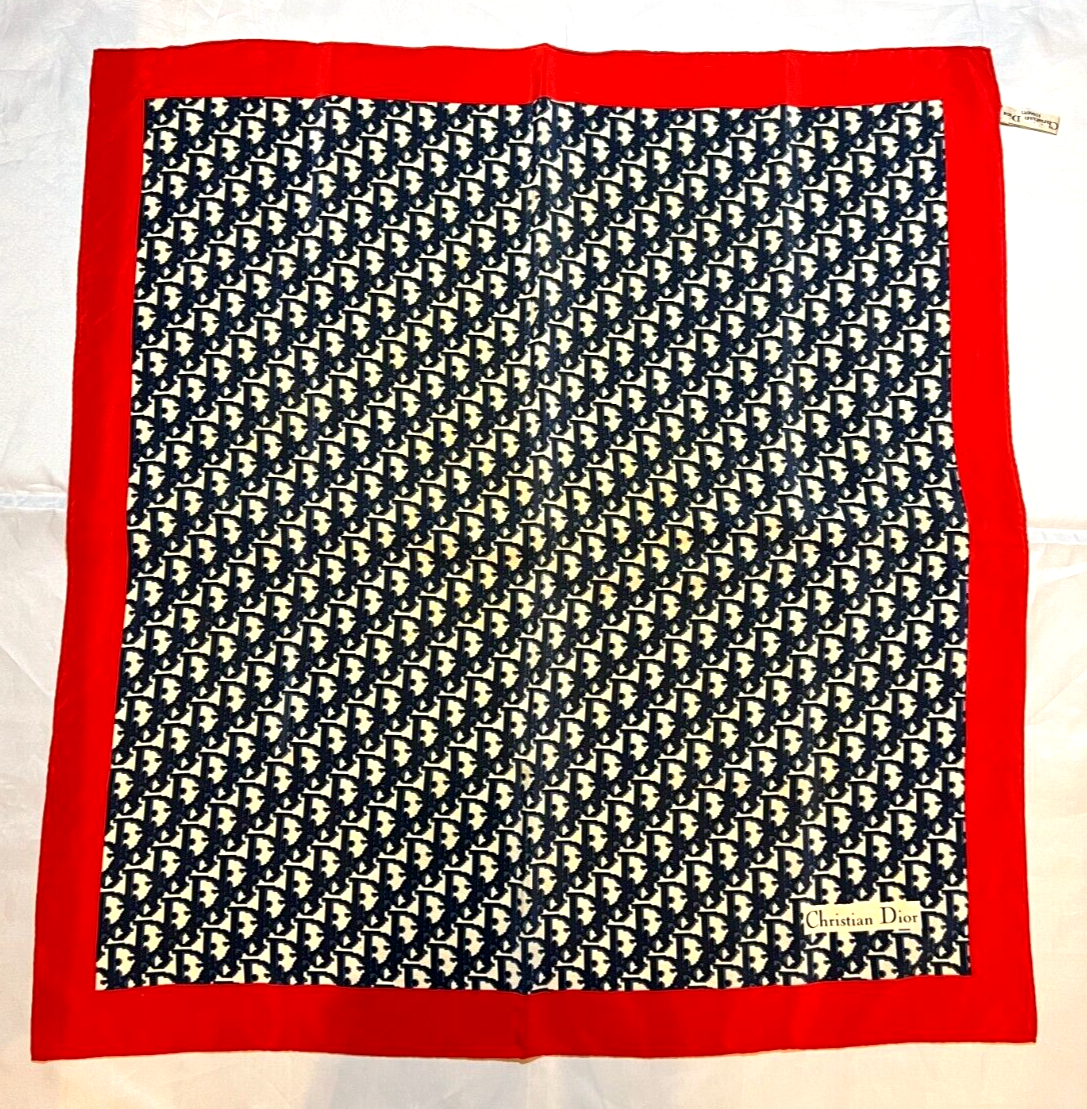 Christian Dior Logo trotter silk scarf navy red vintage from Japan
