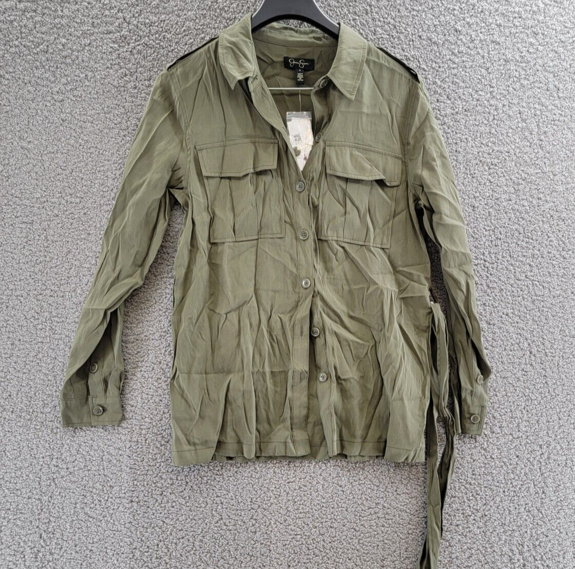 Jessica Simpson Jessa Button Front Tie Safari Jacket Women's S Olive Long Sleeve - Picture 2 of 20