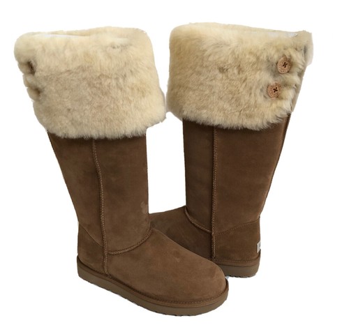 Pre-owned Ugg Over The Knee Bailey Button Chestnut Boots Us 8 / Eu 39 / Uk 6 In Brown