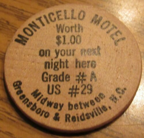Monticello Motel Greensboro & Reidsville, NC Wooden Nickel Token North Carolina