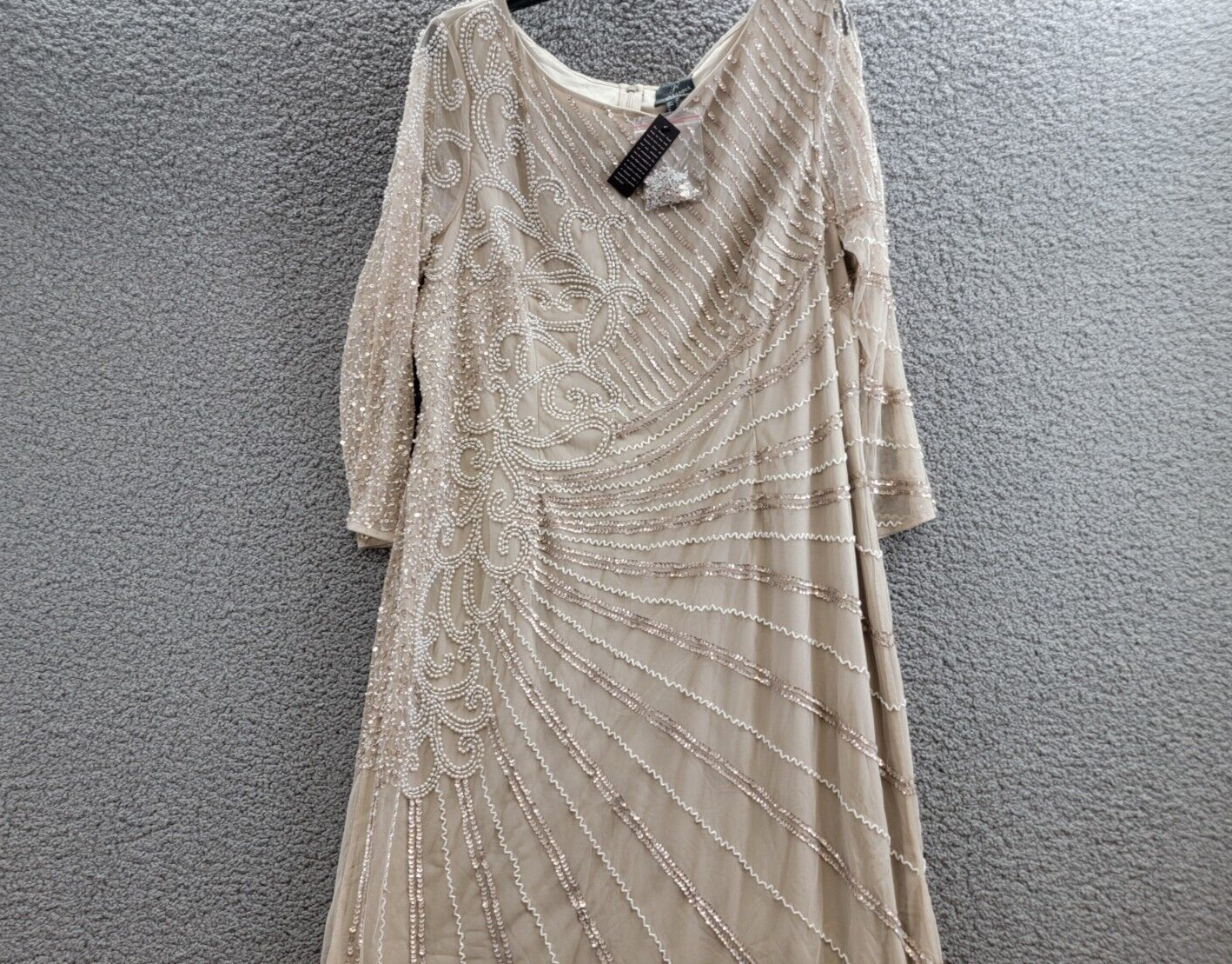 Adrianna Papell Hand-Beaded Three-Quarter Sleeve Long Gown Women's 20 Biscotti - Picture 3 of 18