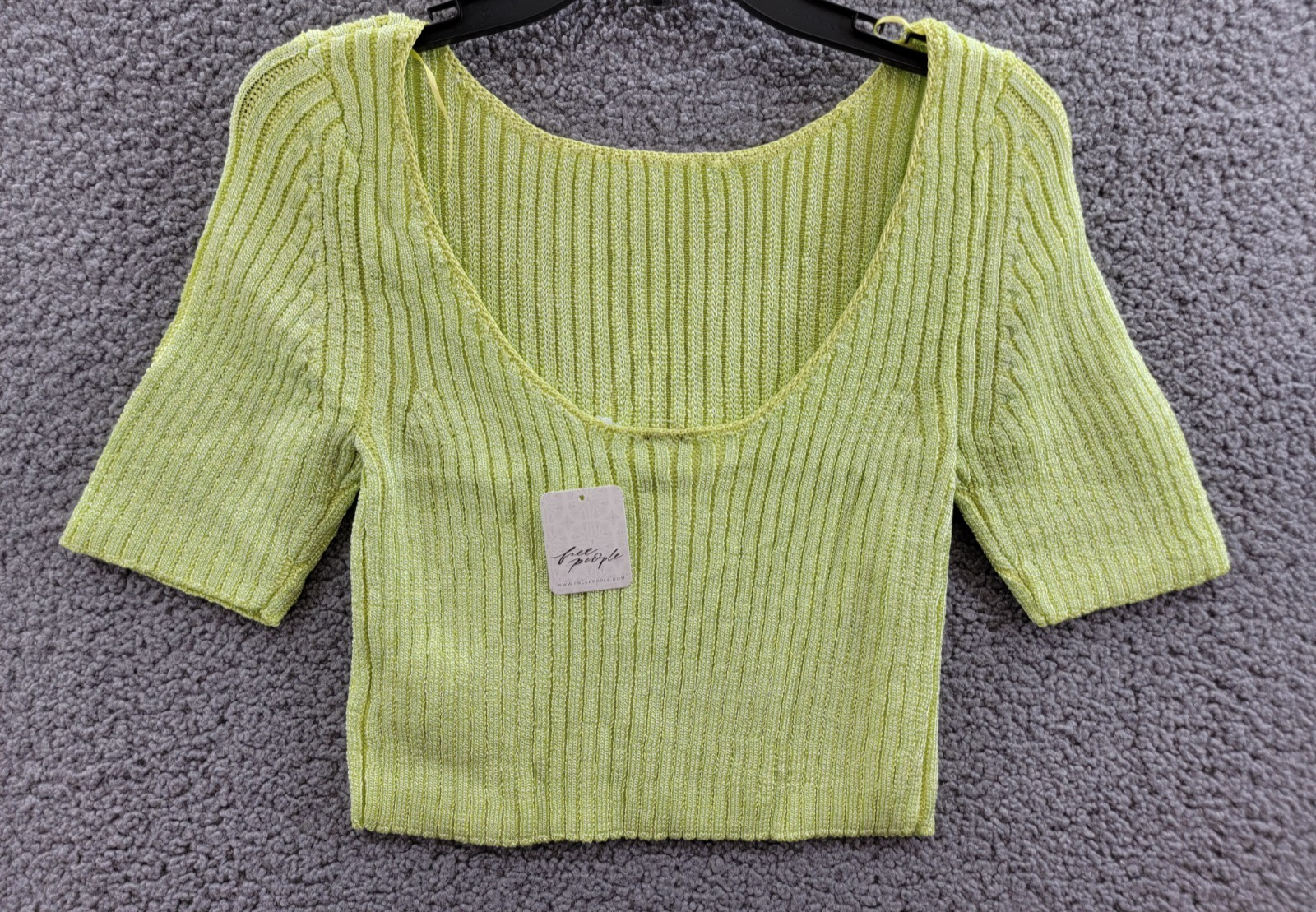 Free People Textured Short Sleeves Crop Sweater Top Women's M Sunny Lime Solid - Picture 9 of 16