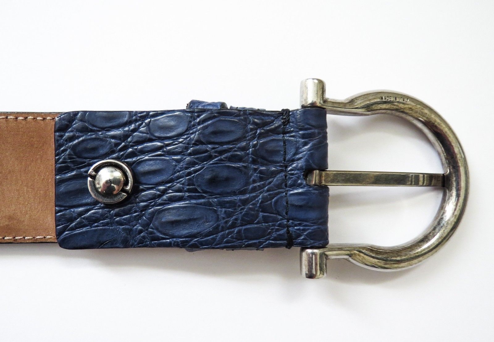 Pre-owned Ferragamo Salvatore  Wide Adjustable Blue Crocodile Gancini Belt Size 38 Us 95 Cm