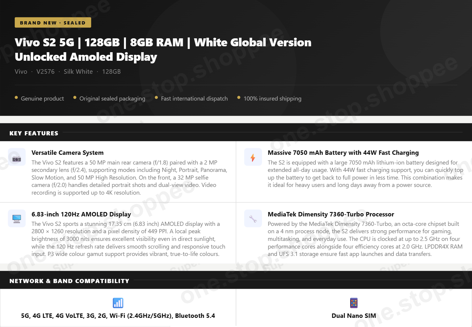 Vivo S2 5G | 128GB | 8GB RAM | White Global Version Unlocked Amoled Display — key features, network compatibility and specifications overview