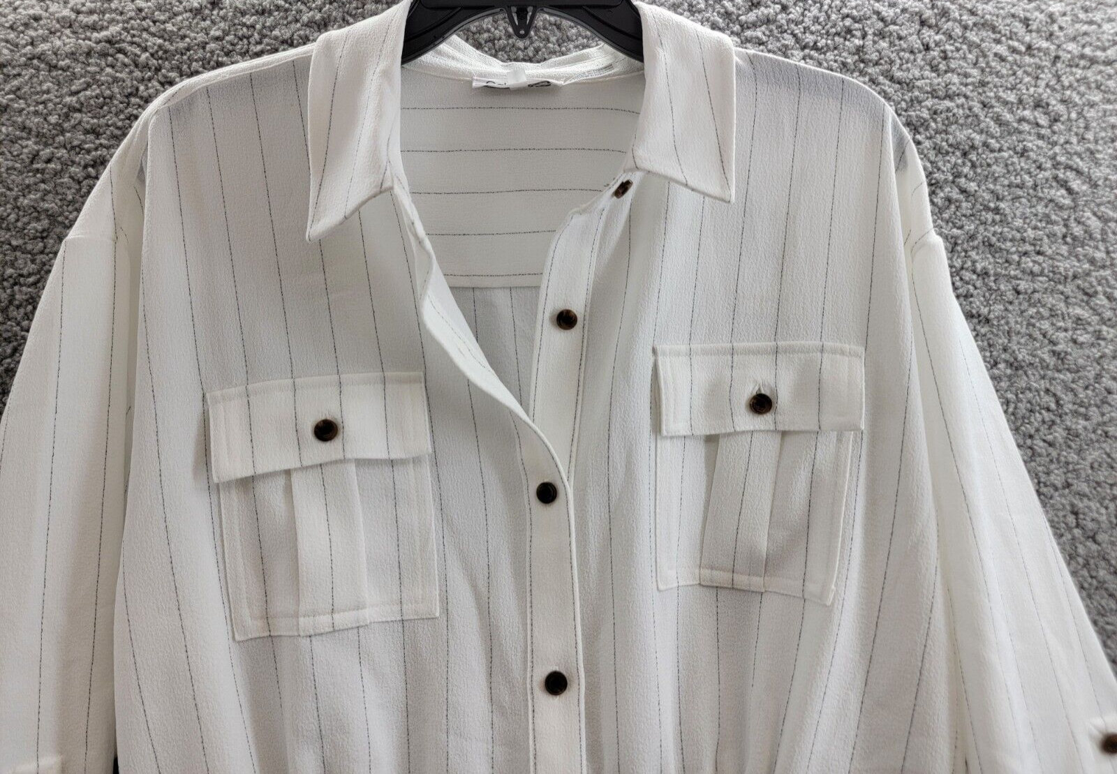 Calvin Klein Striped Drawstring-Waist Tunic Blouse Women's S Soft White Collared - Picture 3 of 17