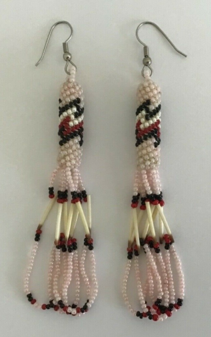 Vintage Pink White Red Black Seed Bead Porcupine Quill Dangle Pierced Earrings