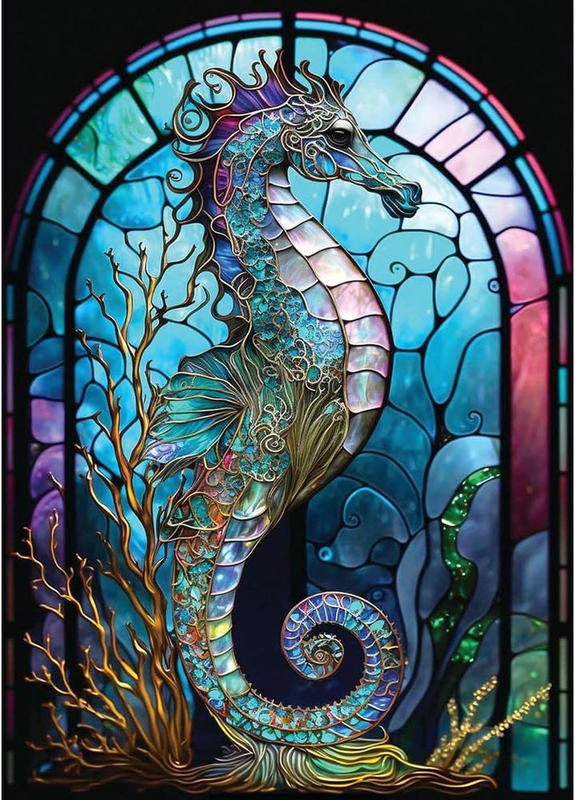 5D Diamond Painting Kits Seahorse Stained Glass DIY Diamond Full Round Drill