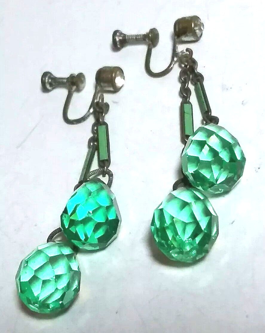 ANTIQUE ART DECO DROP ENAMEL GREEN CRYSTAL CHANDELIER CZECH EARRINGS