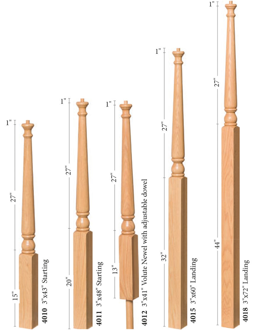 Colonial Style Rail Newel Post Set Red Oak Wooden Pin Top 4010-4011-4012