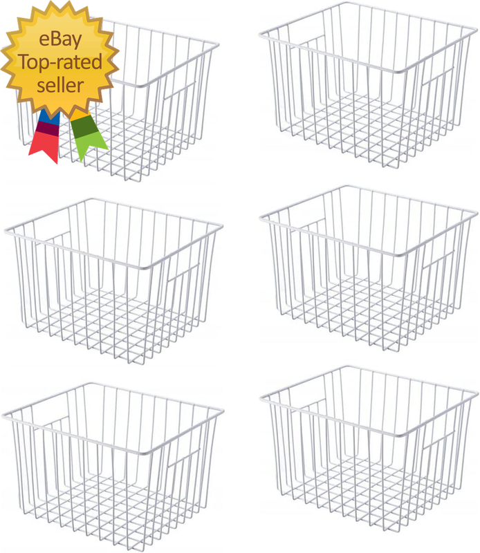 Freezer Basket Organizer, Refrigerator Metal Wire Storage Divider, Household Container Bins with Handles for Kitchen, Pantry, Cabinet, Closets - Pearl White (6, 11In X 10In X 5.5In)