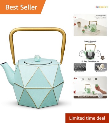 Cast Iron Teapot - Stovetop Safe Diamond Design - Removable Infuser - 30oz Green