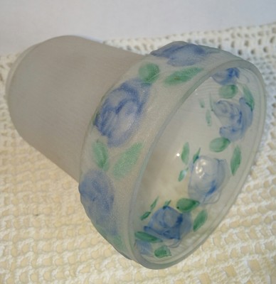  Vintage Reverse Handpainted Glass Lamp Shade Blue Roses 