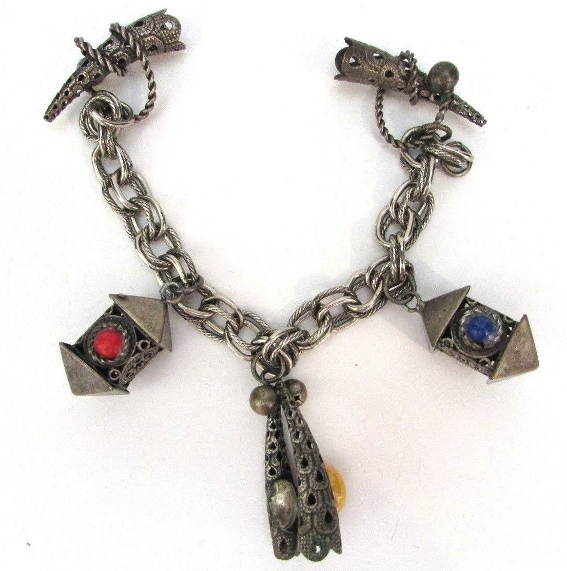 Antique Old Chinese Export Charm Bracelet Silver Fingernail Guard Glass Cabochon