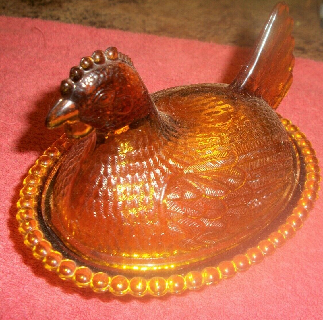 Amber Glass Chicken On Nest Beaded Rim Candy Dish Serving Bowl