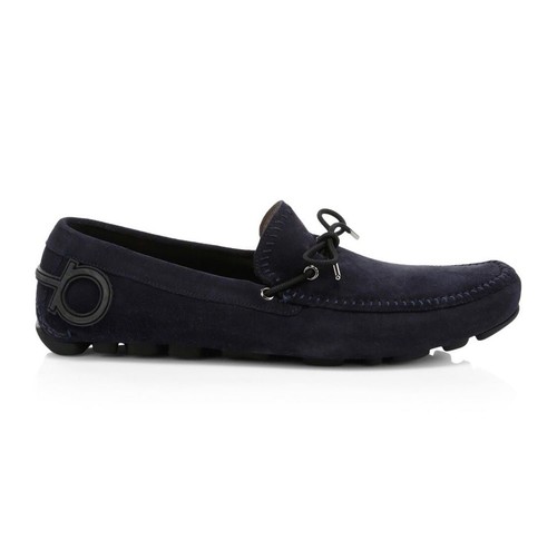Pre-owned Ferragamo 100% Authentic Salvatore  Atlante Suede Drivers With Gancini Heel 11e In Blue