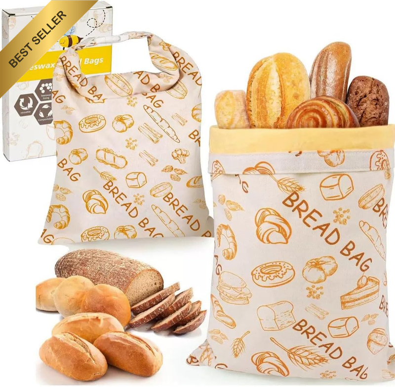 2-Pack Pure Cotton Reusable Beeswax Bread Bags - Large 17X13 Inch for Sourdough