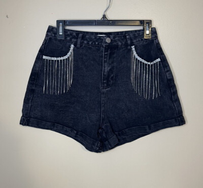 NWT Cloud Ten Women s Black Denim Shorts Cowgirl Diamond Crystals Size Medium F1