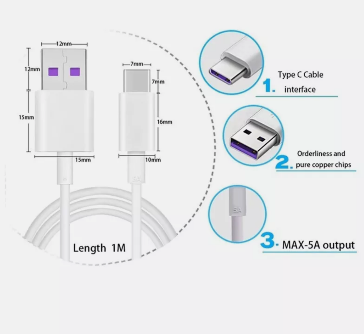 USB Type C Data Cable 5A Fast Charging USB-A to USB-C Charger Cord For Phone