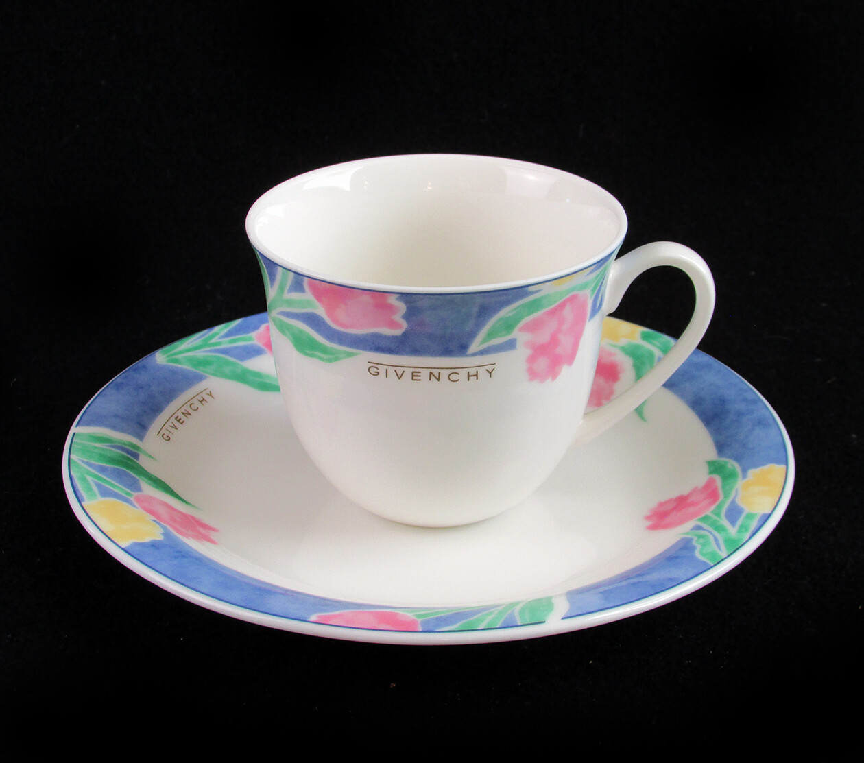 GIVENCHY Paris Coffee Cup Tea Cup w/ Saucer Blue, Tulips GIVENCHY Paris Coffee Cup Tea Cup w/ Saucer Blue, Tulips