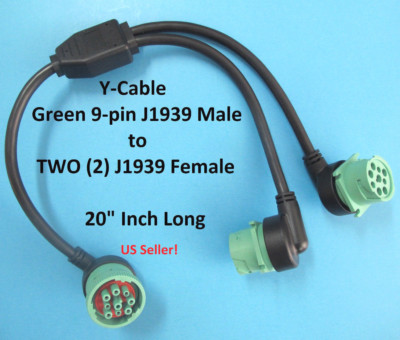 9 Pin Green J1939 Type II Y Cable Heavy Duty Commercial 1 Male to 2 Female - New