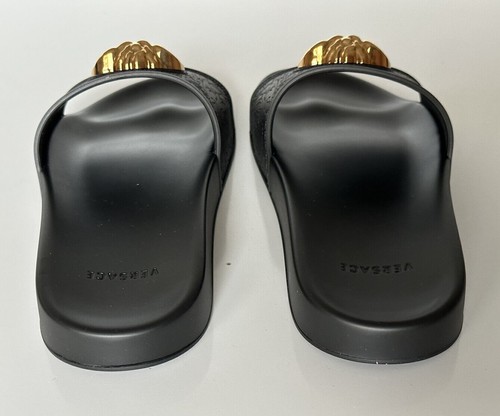 Pre-owned Versace Gold Medusa Head Slides Sandals Black 11 Us (41 Eu) Dsr262cn It $450