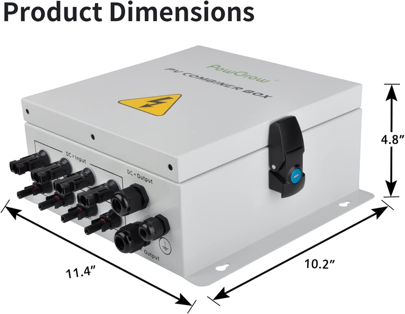 PowGrow PV Combiner Box, 4 String Solar Panel System, Surge Protection, Metal Bo