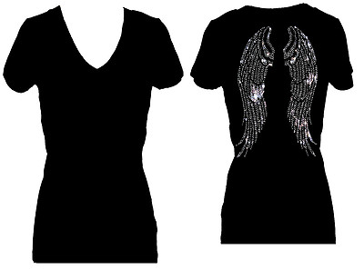 ALL RHINESTONE ANGEL WINGS  V NECK SHORT SLEEVE TEE SHIRT