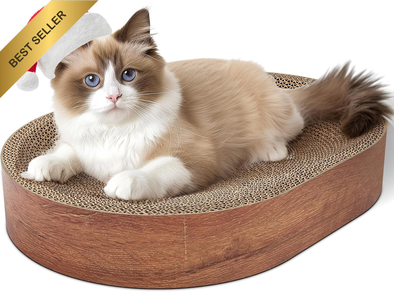 Cat Scratching Board for Indoor Cats, Cardboard Scratch Pad, Oval Scratcher Bed