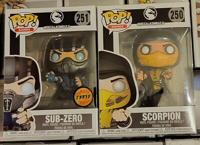 Funko Pop! Mortal Kombat X - Scorpion #250 & Sub-Zero #251 Chase + Protectors