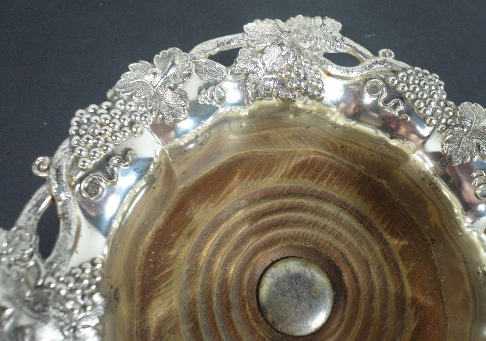 Corbell & Co. Wine Bottle Coaster Elegant Silverplated w/ Wood, Grape Motif