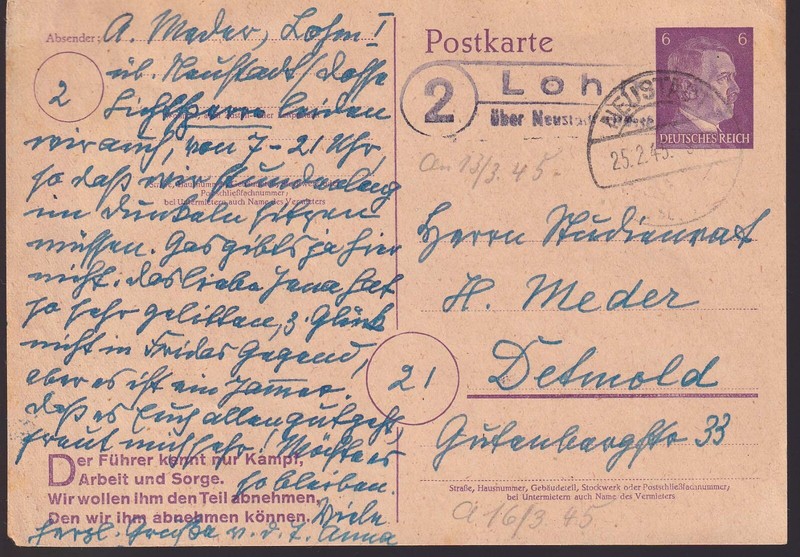 Deutsches Reich, P 314ii, Postst. Ii, Lohr Ã¼ Neustadt/Dosse 25.2.45