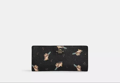 Coach CF540 Slim Zip Wallet With Penguin Print Gold Black Multi NWT $228