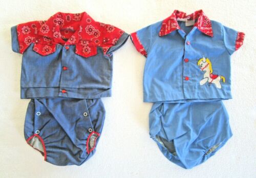 Vintage 2 Piece Lot Cowboy Shirts Plastic Diaper Covers Red Bandana and Blue Set