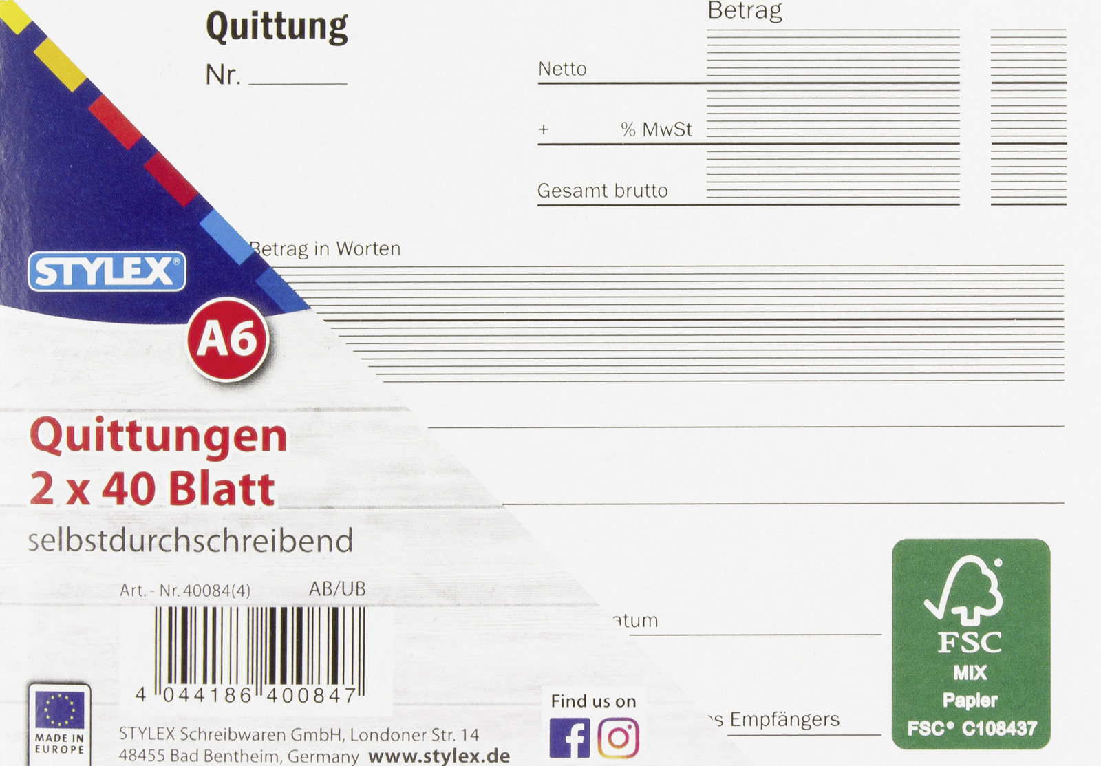 Stylex 40083 - 2 Quittungsblöcke je 2x 40 Blatt DIN A6 klein gelocht weiß Kopie