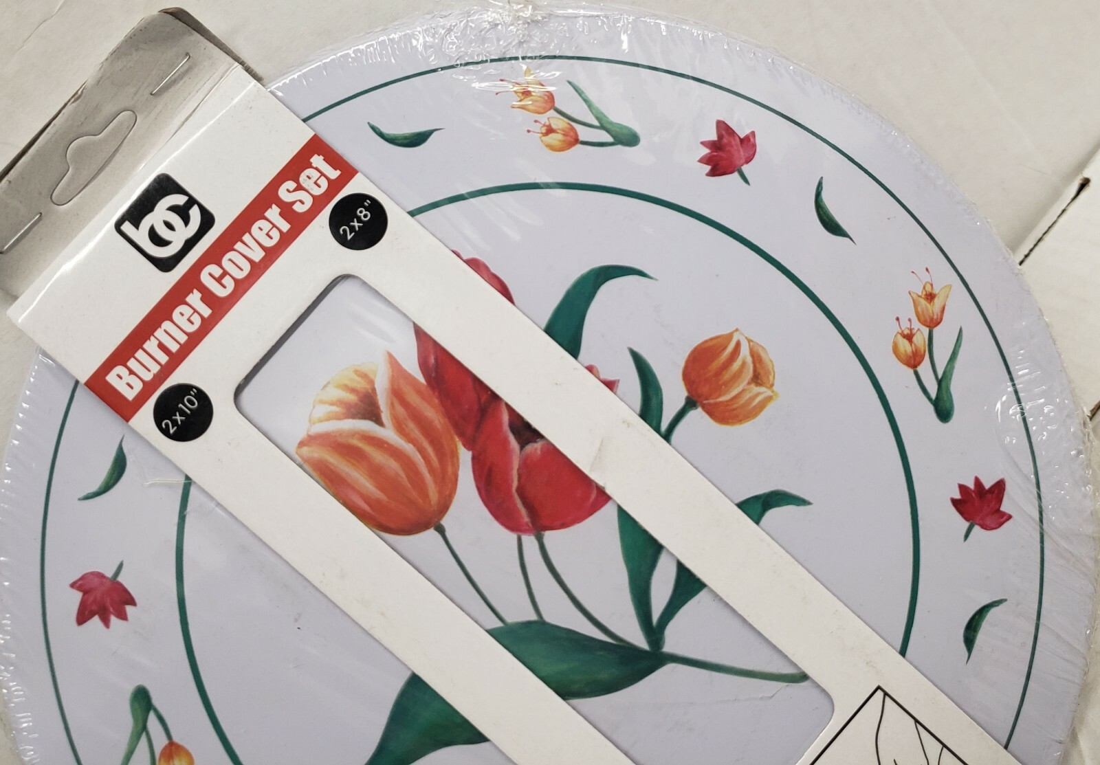 SET OF 4 TIN STEEL STOVETOP BURNER COVERS (2-10",2-8") FLOWERS, TULIPS, MBR